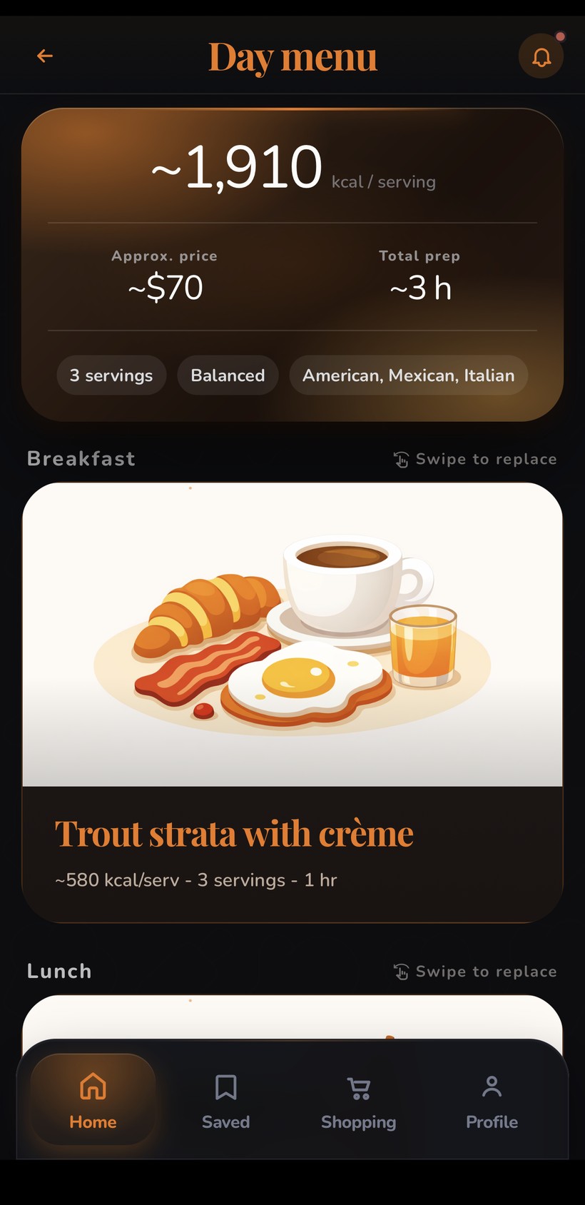 FlavorDay day-menu screen: 1,910 kcal for the day, approximate price and total prep time, with a breakfast dish and an automatic shopping-list summary